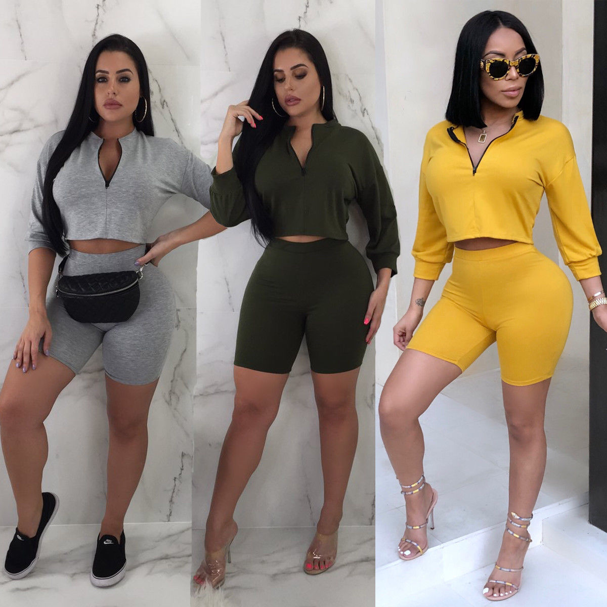 Women's 2-Piece Zip-Up Crop Top and Biker Shorts Athletic Set - Long Sleeve Tracksuit