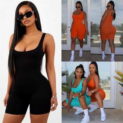 Women's Sleeveless Athletic Romper - U-Neck Slim Fit One-Piece Biker Shorts Jumpsuit