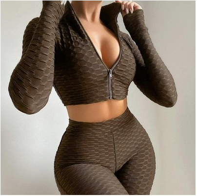 Women's 2-Piece Textured Zip-Up Crop Top and High Waist Shorts Athletic Set