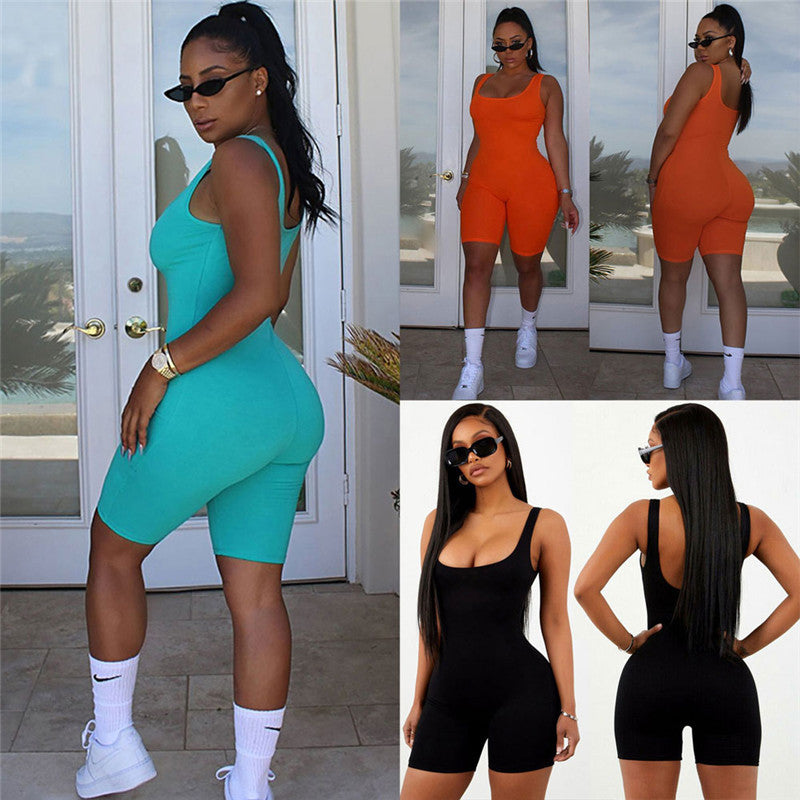 Women's Sleeveless Athletic Romper - U-Neck Slim Fit One-Piece Biker Shorts Jumpsuit