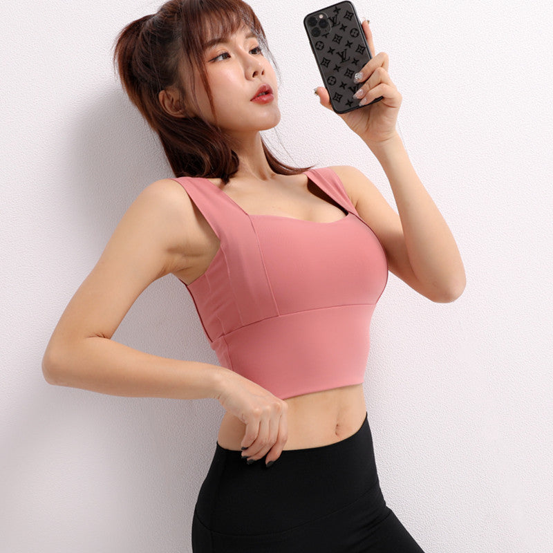 Women's Square Neck Wide Strap Crop Sports Bra Tank Top - Slim Fit Athletic Vest