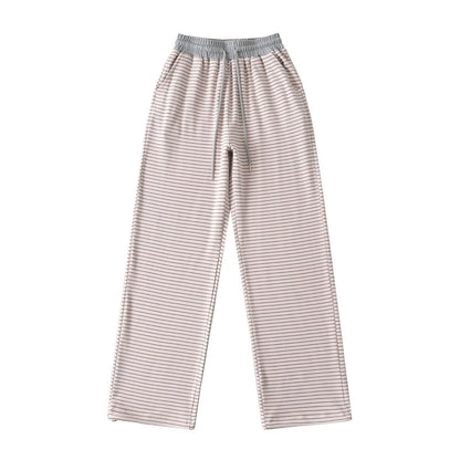 Derong Lazy Style Contrasting Striped High Waisted Wide Leg Athletic Pants - Casual Sporty Trousers for Women