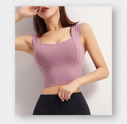 Women's Square Neck Wide Strap Crop Sports Bra Tank Top - Slim Fit Athletic Vest