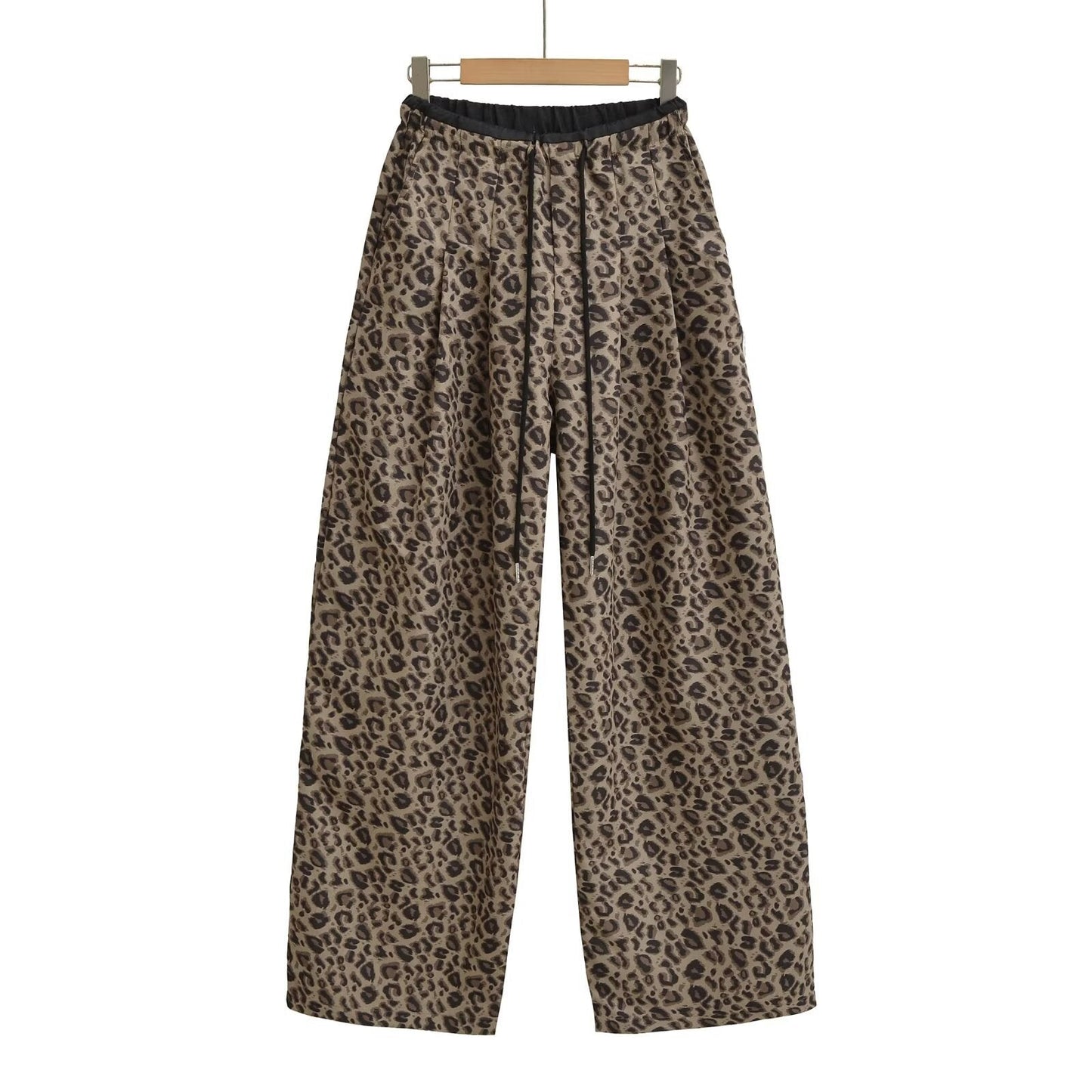 Retro Color Blocked Loose Straight Leg Wide Leg Athletic Pants with Leopard Print - Casual Sporty Trousers for Women